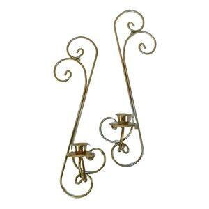 Home Interiors Homco Shiny Brass Wall Mount Candle Sconces Curved Scrolls set 2